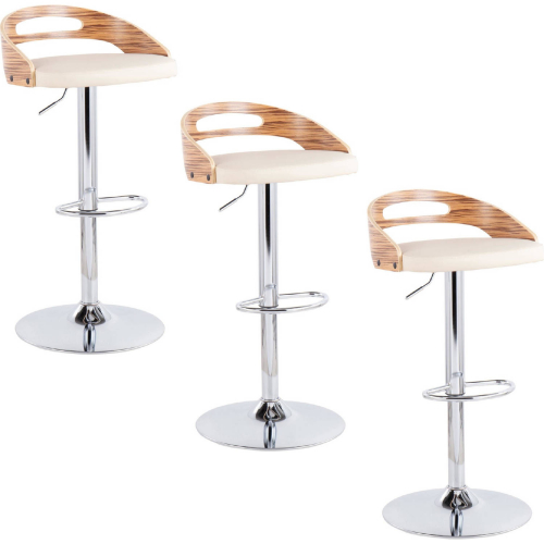 Cassis Adjustable Swivel Bar Stool in Chrome, Zebra Wood & Cream Leatherette (Set of 3)